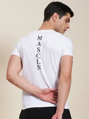 Men White Slim Fit Back Print Mascln Logot-Shirt