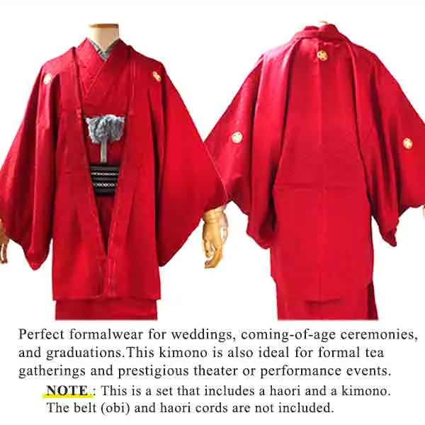 Men's Formal Kimono and Crested Haori Coat 2-Piece Set ＜Red＞